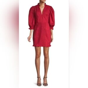 Haute Rogue Women’s Puff Sleeve Cotton Linen Blend Button Up Red Dress L